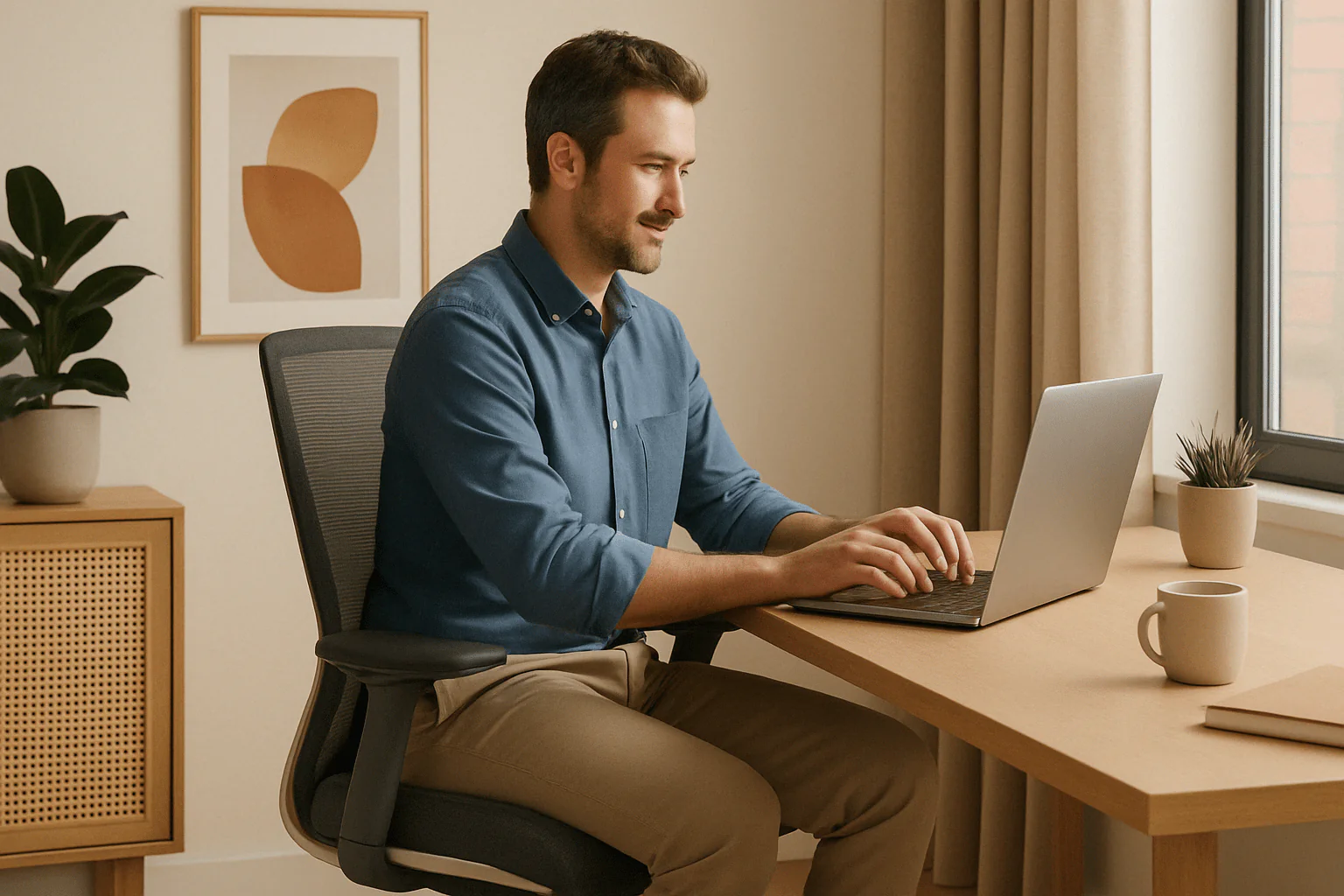 Wide desk surface with drafting tools aligned beside tablet stand